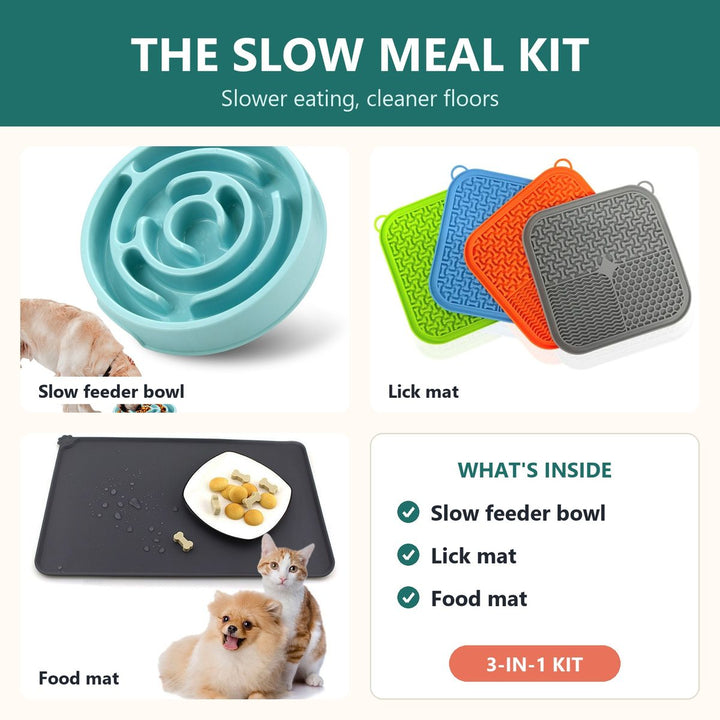 The Slow Meal Kit - Slow Feeder Bowl, Lick Mat & Silicone Food Mat
