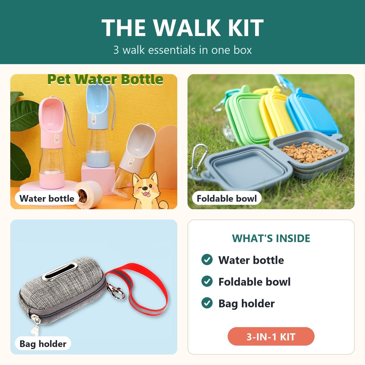 The Walk Kit - Dog Water Bottle, Foldable Double Bowl & Poop Bag Holder