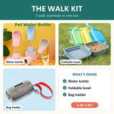 The Walk Kit - Dog Water Bottle, Foldable Double Bowl & Poop Bag Holder