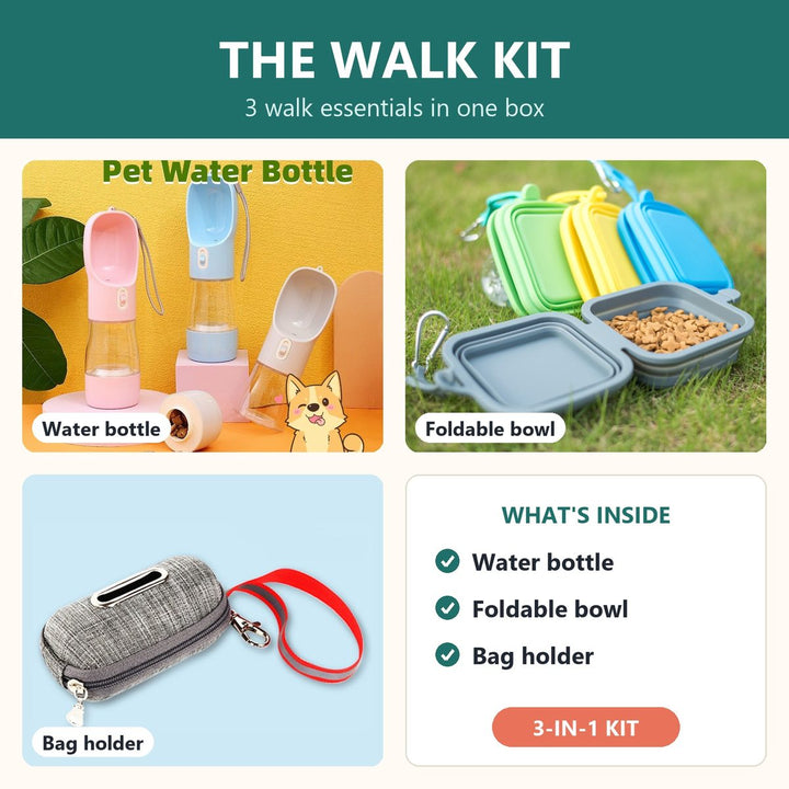 The Walk Kit - Dog Water Bottle, Foldable Double Bowl & Poop Bag Holder